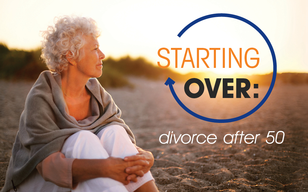  A gray-haired woman sits on the beach, looking out at the ocean. The text on the right side of the image reads: "Starting Over: Divorce After 50".